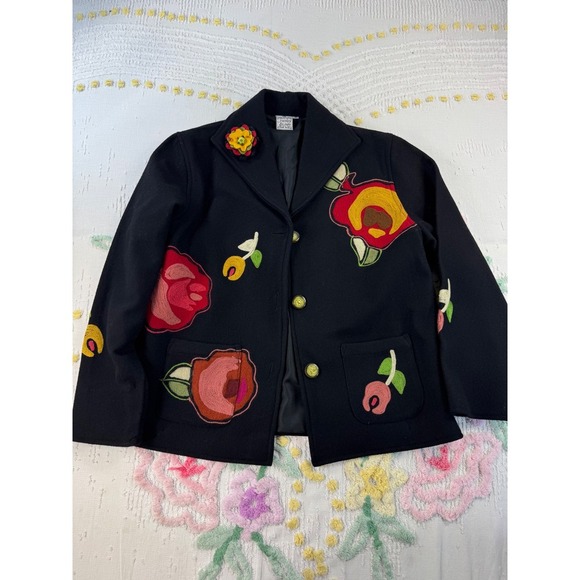 Parsley & Sage Jackets & Blazers - Parsley & Sage vtg Womens Black 100% Wool Floral Applique Jacket Brooch Size M